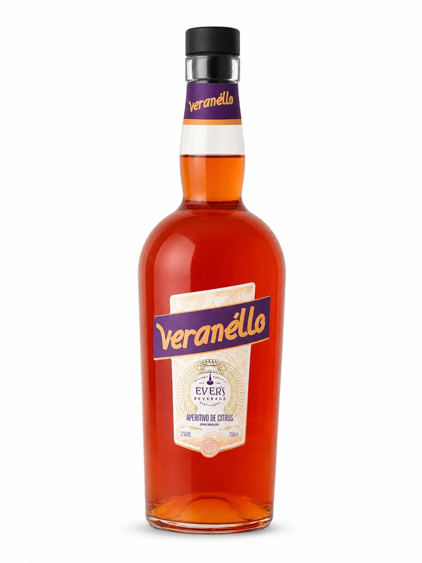 Garrafa de Veranëllo, aperitivo de citrus, 750 ml, rótulo roxo e laranja